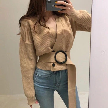Cest La Vie Belted Sweaters - front shot on model, beige - Miss Mosa By Akanksha