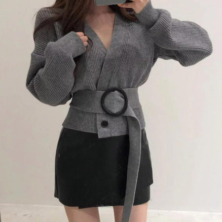Cest La Vie Belted Sweaters - front shot on model, grey - Miss Mosa By Akanksha