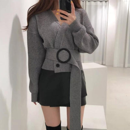 Cest La Vie Belted Sweaters - front shot on model, grey - Miss Mosa By Akanksha