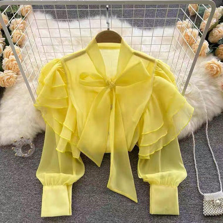 Cevia Statement Blouse - front shot on hanger, yellow - Miss Mosa By Akanksha