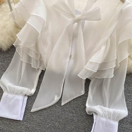 Cevia Statement Blouse - close-up of bow, white - Miss Mosa By Akanksha