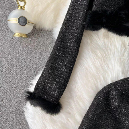 Charlotte Statement Dress with Cape - close-up of fur trim, black - Miss Mosa By Akanksha