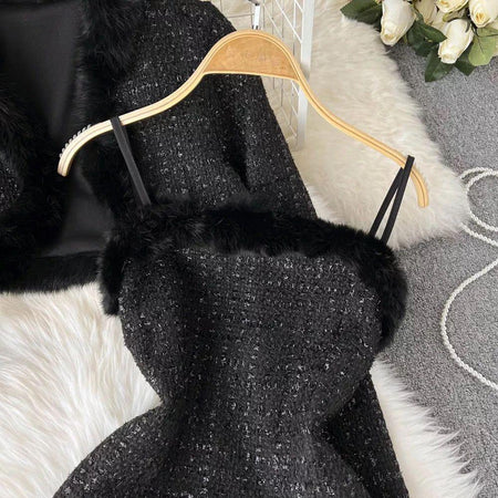 Charlotte Statement Dress with Cape - close-up of fur trim, black - Miss Mosa By Akanksha