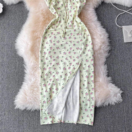 Chelsea Summer Drawstring Midi Dress - close-up of dress slit, green - Miss Mosa By Akanksha