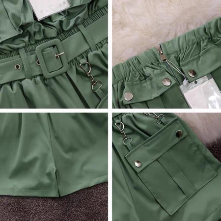 Ciana Belted Romper - close-up of belt and pocket detail, green - Miss Mosa By Akanksha