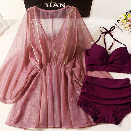 Cilia 3 Piece Swimsuit In Maroon - styled flat-lay shot, maroon - Miss Mosa By Akanksha