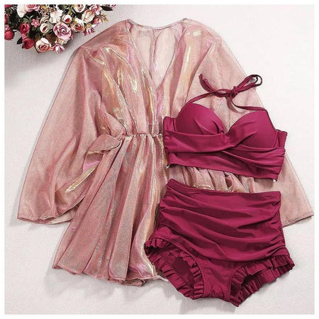 Cilia 3 Piece Swimsuit In Maroon - styled flat-lay shot, maroon - Miss Mosa By Akanksha
