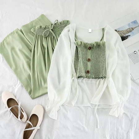Cindy 3 Piece Coord - styled flat-lay shot, green and white - Miss Mosa By Akanksha