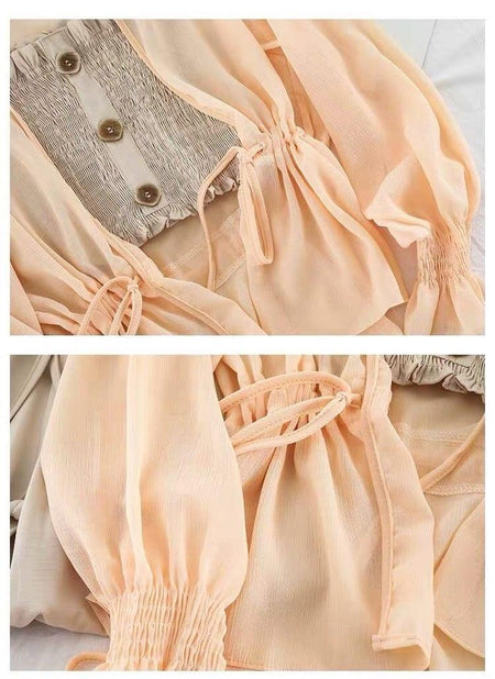 Cindy 3 Piece Coord - close-up of fabric and buttons, peach - Miss Mosa By Akanksha