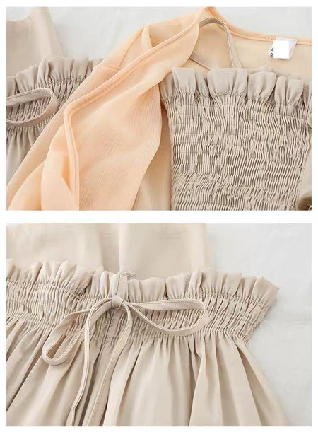 Cindy 3 Piece Coord - close-up of smocking and waist tie, beige - Miss Mosa By Akanksha