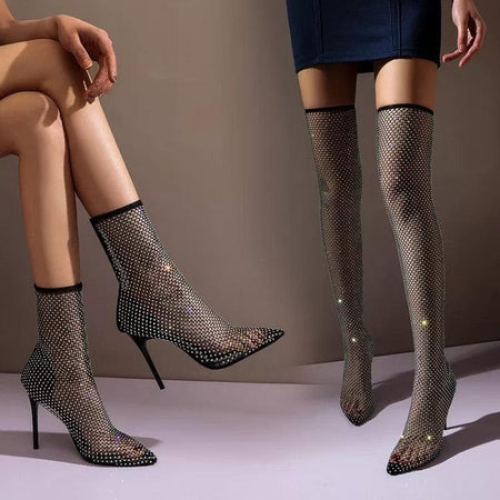 Claire Rhinestone Long Heels In Black - lifestyle shot on model, black - Miss Mosa By Akanksha