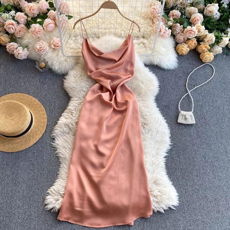 Clara Luxury Satin Dress In Peach - styled flat-lay shot, peach - Miss Mosa By Akanksha