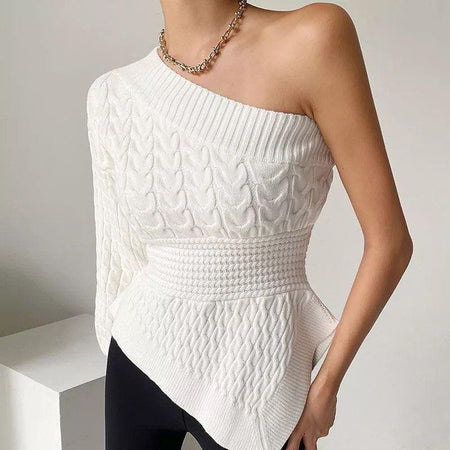Clepa One shoulder sweater In White - front shot on model, white - Miss Mosa By Akanksha