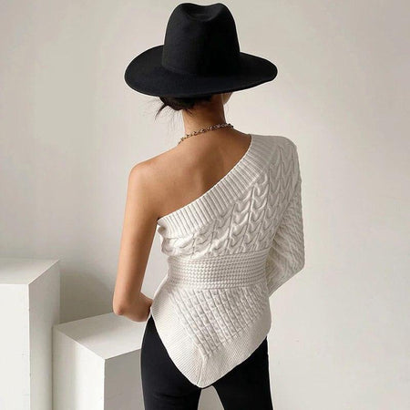 Clepa One shoulder sweater In White - back shot on model, white - Miss Mosa By Akanksha
