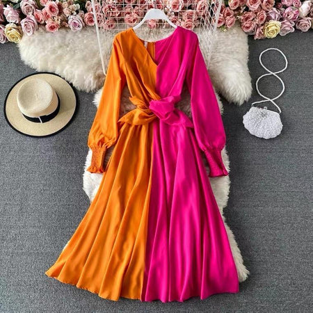 Colour Block Maxi Dress In Pink and Orange - styled flat-lay shot, multicolour - Miss Mosa By Akanksha