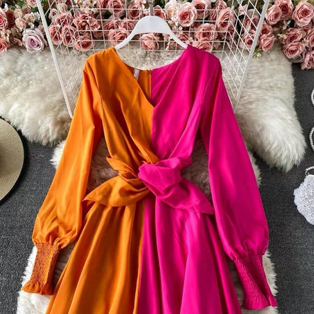 Colour Block Maxi Dress In Pink and Orange - close-up of waist tie, multicolour - Miss Mosa By Akanksha