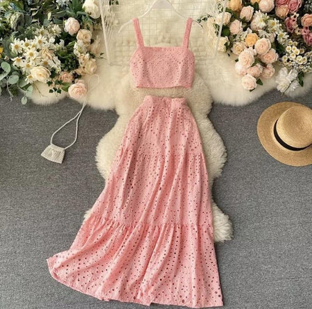 Corea Eyelet Coord Set - styled flat-lay shot, pink - Miss Mosa By Akanksha