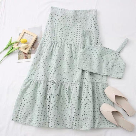 Corea Eyelet Coord Set - styled flat-lay shot, sage green - Miss Mosa By Akanksha