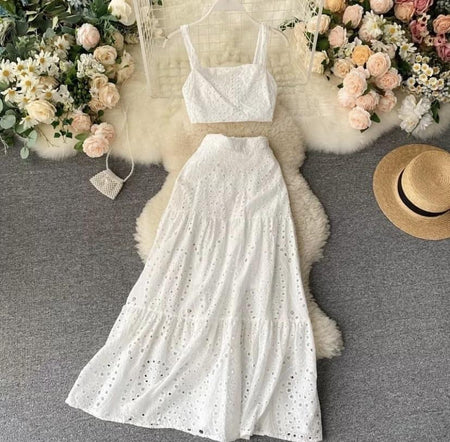 Corea Eyelet Coord Set - styled flat-lay shot, white - Miss Mosa By Akanksha