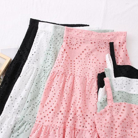 Corea Eyelet Coord Set - close-up of skirt and top, multicolour - Miss Mosa By Akanksha