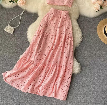 Corea Eyelet Coord Set - styled flat-lay shot, pink - Miss Mosa By Akanksha