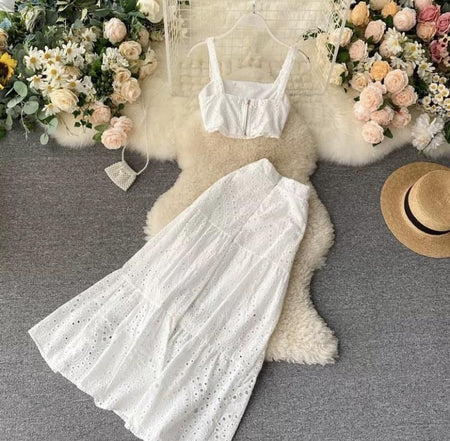 Corea Eyelet Coord Set - styled flat-lay shot, white - Miss Mosa By Akanksha