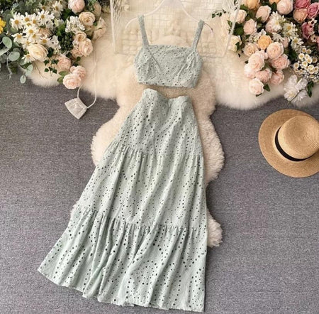 Corea Eyelet Coord Set - styled flat-lay shot, sage green - Miss Mosa By Akanksha