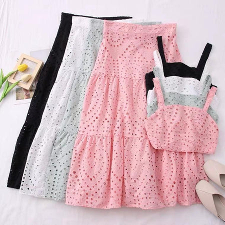 Corea Eyelet Coord Set - close-up of skirt and tops, multicolour - Miss Mosa By Akanksha