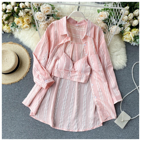 Cotta Bustier with Shirt Set - front shot on hanger, pink - Miss Mosa By Akanksha