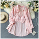 Cotta Bustier with Shirt Set - front shot on hanger, pink - Miss Mosa By Akanksha