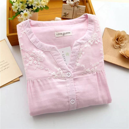 Cotton Embroidered Nightsuits - flat-lay product shot, pink - Miss Mosa By Akanksha