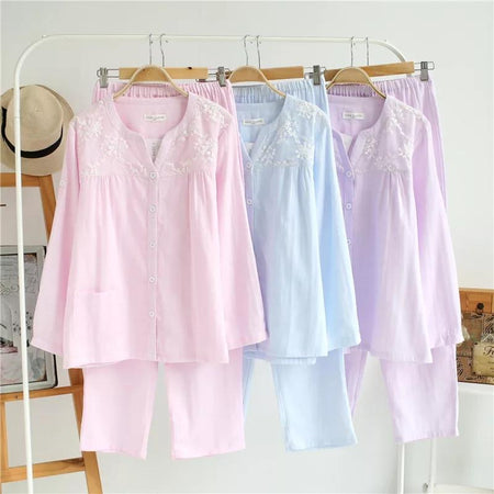 Cotton Embroidered Nightsuits - front shot on hanger, multicolour - Miss Mosa By Akanksha