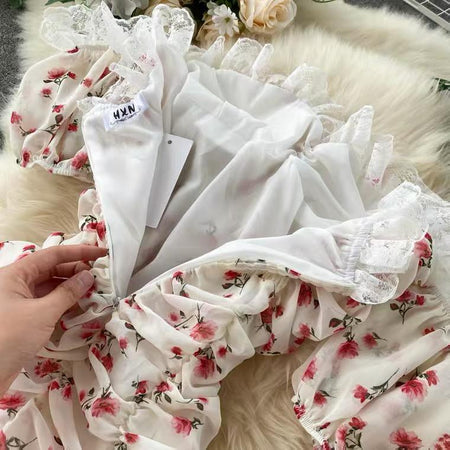 Crobel Floral Dress In White - close-up of frill trim, white - Miss Mosa By Akanksha