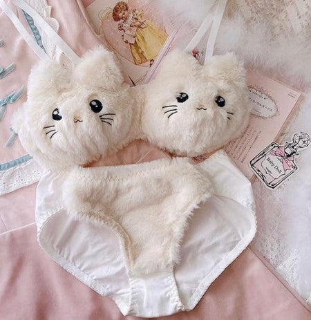 Cute Kitty Lingerie Set - flat-lay product shot, cream - Miss Mosa By Akanksha