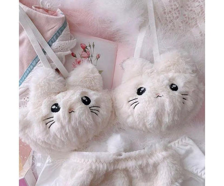 Cute Kitty Lingerie Set - close-up of cat face cups, cream - Miss Mosa By Akanksha