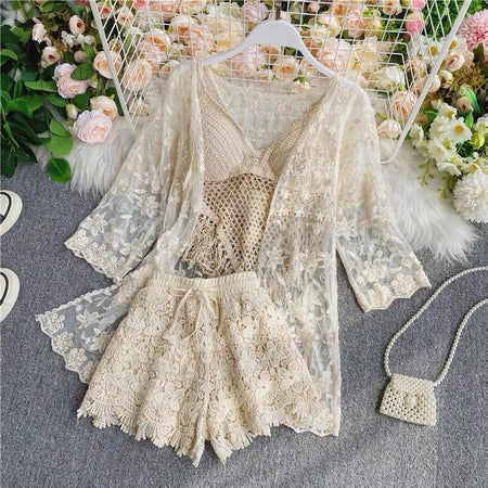 Cynthia Coord Set - 3 Piece - ResortWear In White - styled flat-lay shot, beige - Miss Mosa By Akanksha