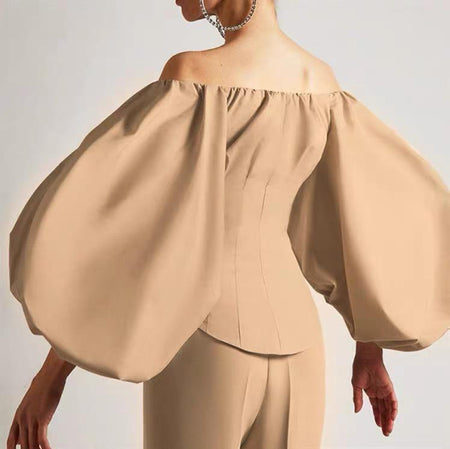 Dahilia Luxury Blouse - side shot on model, beige - Miss Mosa By Akanksha