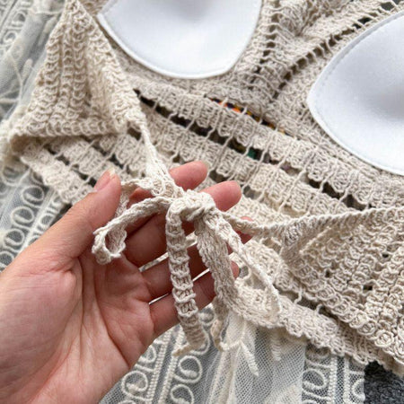Dahlia Resortwear Set - close-up of bralette tie, beige - Miss Mosa By Akanksha