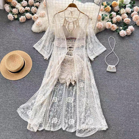 Dahlia Resortwear Set - front shot on hanger, beige - Miss Mosa By Akanksha
