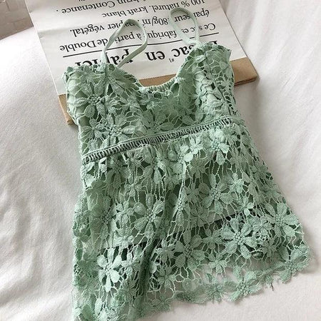 Daisy Lace Top - front shot on hanger, green - Miss Mosa By Akanksha