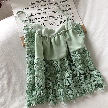 Daisy Lace Top - back shot on hanger, green - Miss Mosa By Akanksha