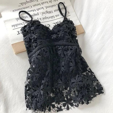 Daisy Lace Top - front shot on hanger, black - Miss Mosa By Akanksha