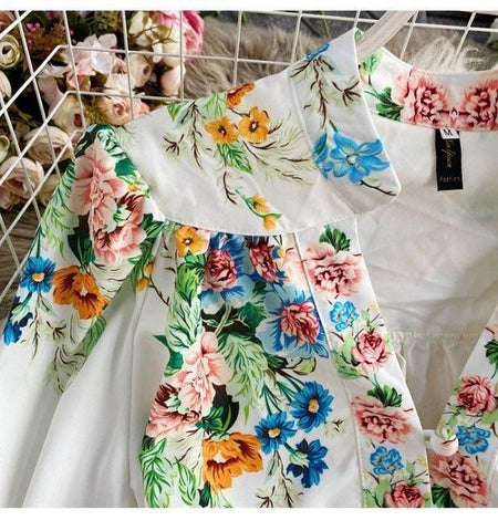 Daphny Vintage Dress In White - close-up of print, white - Miss Mosa By Akanksha