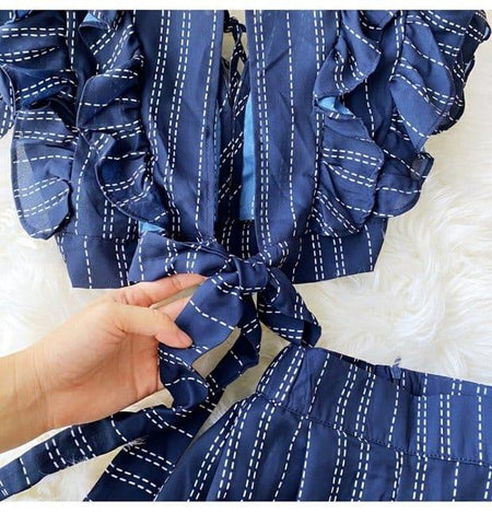 Dawson Breezy Coord Set In Navy Blue - close-up of ruffle bodice, navy blue - Miss Mosa By Akanksha