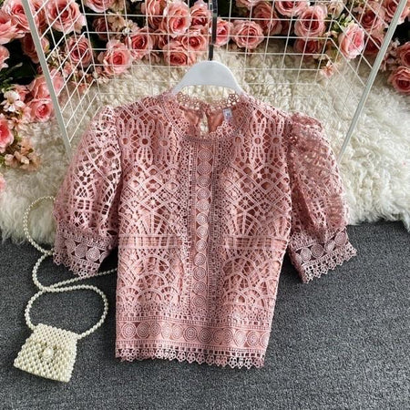 Deblo Crochet Blouse - front shot on hanger, pink - Miss Mosa By Akanksha