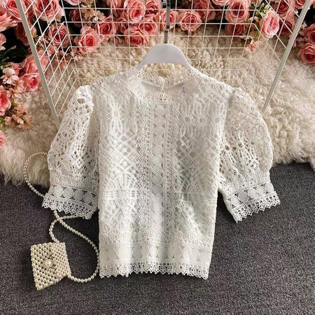 Deblo Crochet Blouse - front shot on hanger, white - Miss Mosa By Akanksha
