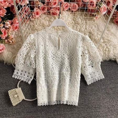 Deblo Crochet Blouse - back shot on hanger, white - Miss Mosa By Akanksha