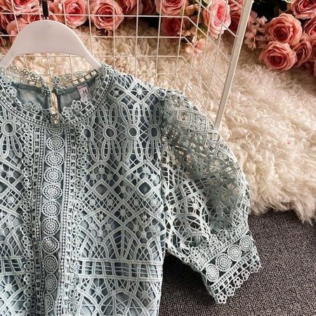 Deblo Crochet Blouse - close-up of crochet lace, sage green - Miss Mosa By Akanksha