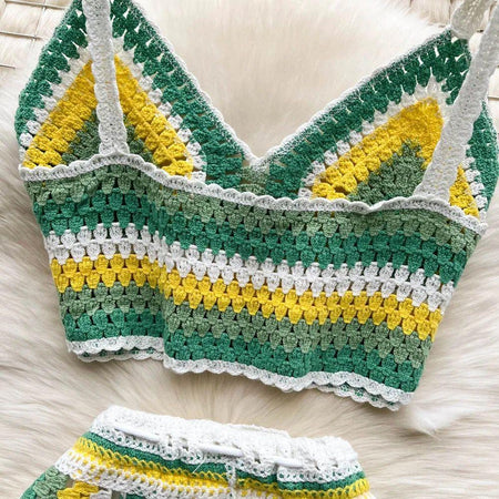 Deli Statement Coord Set - close-up of crochet top, green - Miss Mosa By Akanksha
