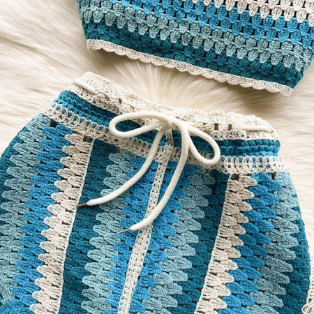 Deli Statement Coord Set - close-up of crochet shorts, blue - Miss Mosa By Akanksha